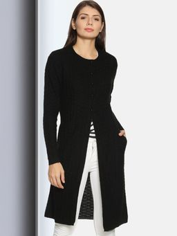 CLAPTON - Womens Wool Blend Black Full Sleeve Solid Self Design Round Neck Cardigan