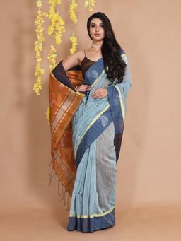 CHARUKRITI - Grey Cotton Handspun Ethnic Motifs & Paisley Designs Saree with Unstitched Blouse