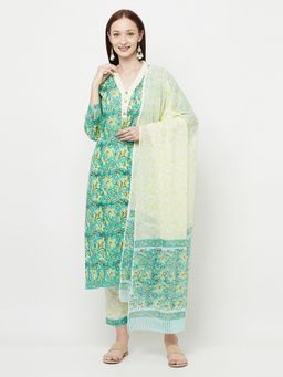 Safaa - Women Cotton Sea Green Color Printed Unstitched Dress Material with Dupatta (Set of 3)