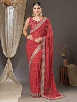 Akhilam - Womens Georgette Red Zari Embroidered Designer Saree with Unstitched Blouse