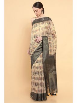 Soch - Women Beige Organza Printed Saree with Stitched Blouse