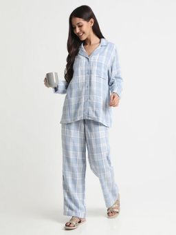 R&B - Women Blue Notched Lapel Cotton Top with Pyjama