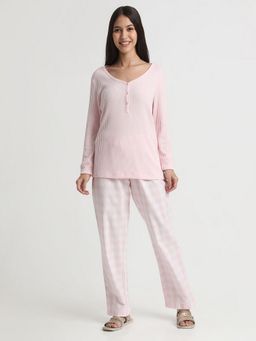 R&B - Women Pink Scoop Neck Textured Top with Pyjama