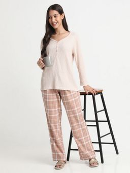 R&B - Women Pink V-Neck Textured Top with Pyjama