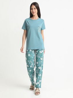 R&B - Women Teal Crew Neck Floral Top with Pyjama