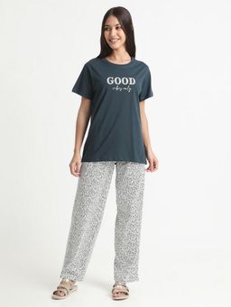 R&B - Women Navy Blue Crew Neck Printed Top with Pyjama