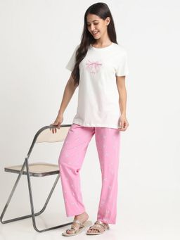 R&B - Women Pink Crew Neck Printed Top with Pyjama