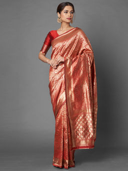 Akhilam - Red & Maroon Festive Silk Blend Banarasi Saree with Unstitched Blouse