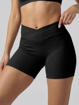 Wave Athleisure - Black Ribbed Crossover V-Shaped Shorts