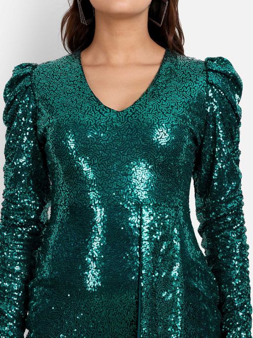 slim fit dress slacks Ieena for Mac Duggal Sequined Long Sleeve Open Back Ruched Dress in