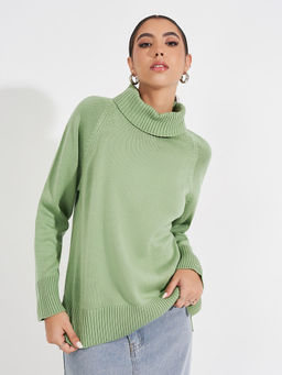 Styli - Women Green Solid Turtle Neck Boxy Fit Longline Sweater