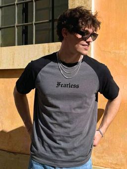 RIGO - Dark Grey Black Typography Printed Oversized Raglan Cotton T-Shirt
