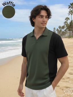 RIGO - Colorblock Army Green Black Pannel Neck Cotton Waffle Polo T-Shirt