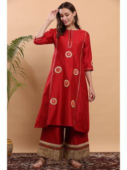 Kaanchie Nanggia - Red Flayred Gota Work Kurta Palazzo (Set of 2)