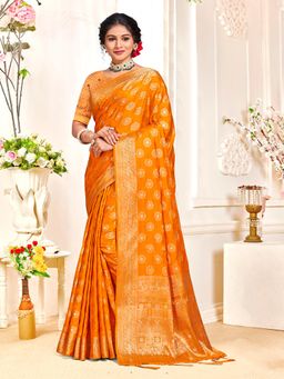 EXCLUSIVA - Orange Handloom Silk Saree with Unstitched Blouse