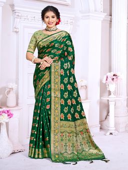EXCLUSIVA - Dark Green Handloom Silk Saree with Unstitched Blouse