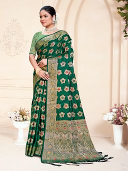EXCLUSIVA - Dark Green Handloom Silk Saree with Unstitched Blouse