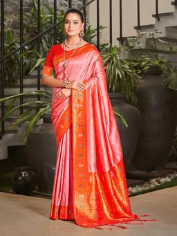 EXCLUSIVA - Pink Handloom Silk Saree with Unstitched Blouse
