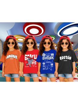 LEOTUDE - Girls Multi-Color Graphic Printed Cotton T-shirts (Pack of 4)