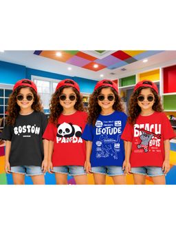 LEOTUDE - Girls Multi-Color Graphic Printed Cotton T-shirts (Pack of 4)