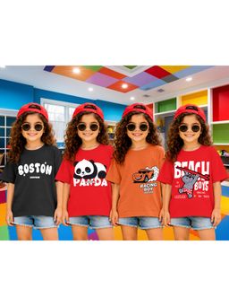 LEOTUDE - Girls Multi-Color Graphic Printed Cotton T-shirts (Pack of 4)