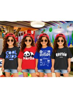 LEOTUDE - Girls Multi-Color Graphic Printed Cotton T-shirts (Pack of 4)