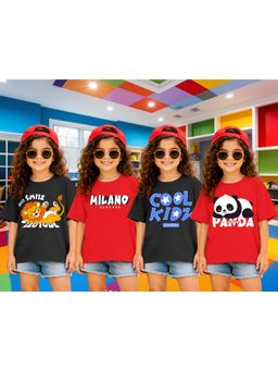 LEOTUDE - Girls Multi-Color Graphic Printed Cotton T-shirts (Pack of 4)