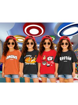 LEOTUDE - Girls Multi-Color Graphic Printed Cotton T-shirts (Pack of 4)