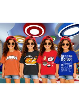 LEOTUDE - Girls Multi-Color Graphic Printed Cotton T-shirts (Pack of 4)