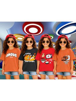 LEOTUDE - Girls Multi-Color Graphic Printed Cotton T-shirts (Pack of 4)