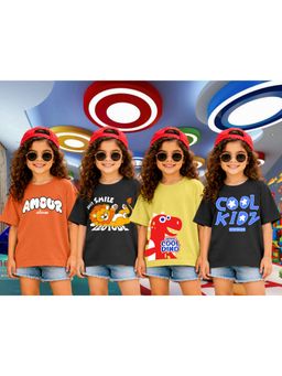 LEOTUDE - Girls Multi-Color Graphic Printed Cotton T-shirts (Pack of 4)