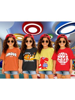 LEOTUDE - Girls Multi-Color Graphic Printed Cotton T-shirts (Pack of 4)