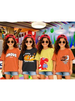 LEOTUDE - Girls Multi-Color Graphic Printed Cotton T-shirts (Pack of 4)