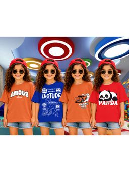LEOTUDE - Girls Multi-Color Graphic Printed Cotton T-shirts (Pack of 4)