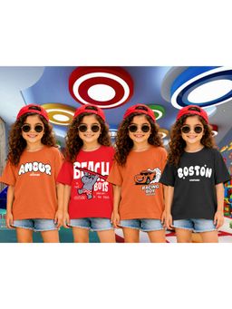LEOTUDE - Girls Multi-Color Graphic Printed Cotton T-shirts (Pack of 4)