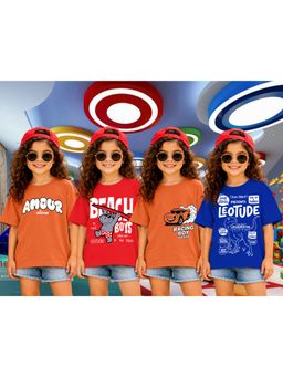 LEOTUDE - Girls Multi-Color Graphic Printed Cotton T-shirts (Pack of 4)