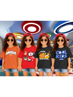 LEOTUDE - Girls Multi-Color Graphic Printed Cotton T-shirts (Pack of 4)