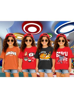 LEOTUDE - Girls Multi-Color Graphic Printed Cotton T-shirts (Pack of 4)