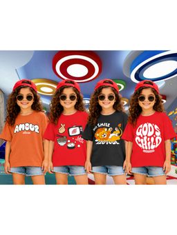 LEOTUDE - Girls Multi-Color Graphic Printed Cotton T-shirts (Pack of 4)