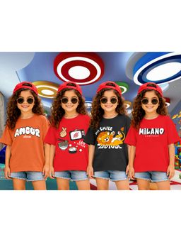 LEOTUDE - Girls Multi-Color Graphic Printed Cotton T-shirts (Pack of 4)