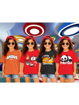 LEOTUDE - Girls Multi-Color Graphic Printed Cotton T-shirts (Pack of 4)
