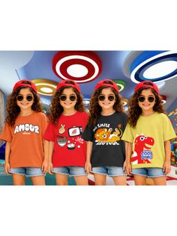 LEOTUDE - Girls Multi-Color Graphic Printed Cotton T-shirts (Pack of 4)