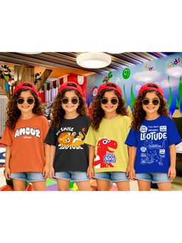 LEOTUDE - Girls Multi-Color Graphic Printed Cotton T-shirts (Pack of 4)