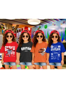 LEOTUDE - Girls Multi-Color Graphic Printed Cotton T-shirts (Pack of 4)