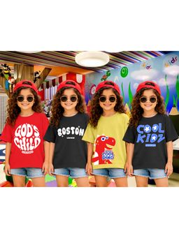 LEOTUDE - Girls Multi-Color Graphic Printed Cotton T-shirts (Pack of 4)
