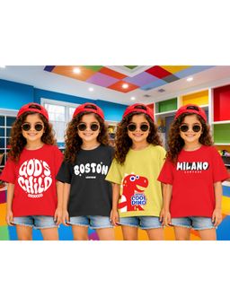 LEOTUDE - Girls Multi-Color Graphic Printed Cotton T-shirts (Pack of 4)