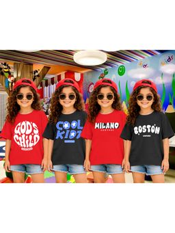 LEOTUDE - Girls Multi-Color Graphic Printed Cotton T-shirts (Pack of 4)