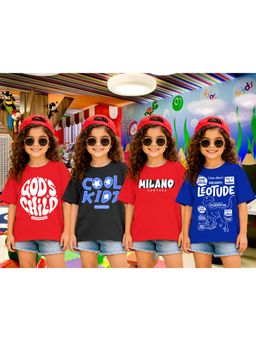 LEOTUDE - Girls Multi-Color Graphic Printed Cotton T-shirts (Pack of 4)