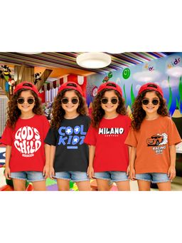 LEOTUDE - Girls Multi-Color Graphic Printed Cotton T-shirts (Pack of 4)