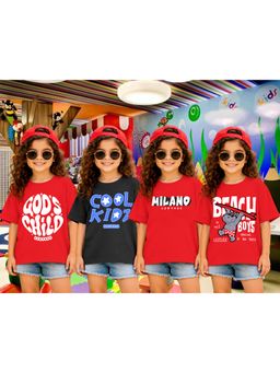 LEOTUDE - Girls Multi-Color Graphic Printed Cotton T-shirts (Pack of 4)